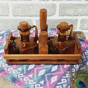 Cruet Set Amber Glass and Wood Vintage